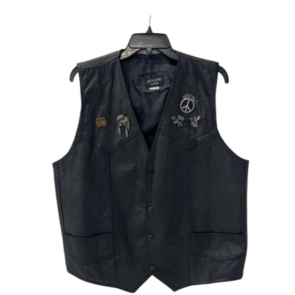 🔥Leather Motorcycle 🚨Vest Mens 48 Black Biker Button‎ Up Sturgis Pin Patch